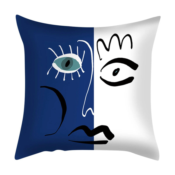 Face Pattern Pillow Cover In White And Blue - Picture 1 of 4